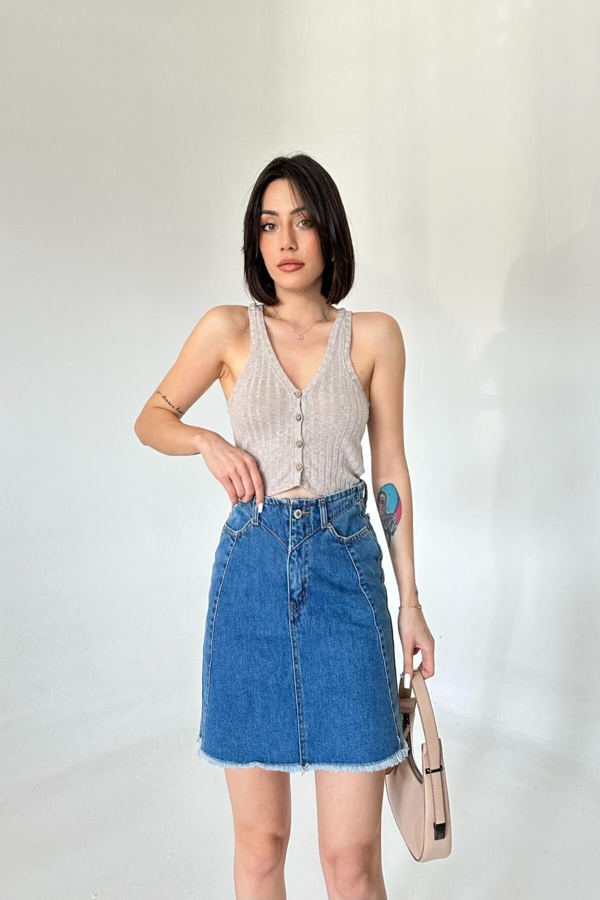 Kadın JeansVibe Cepli Düğmeli Pamuklu Mavi Kot Mini Etek