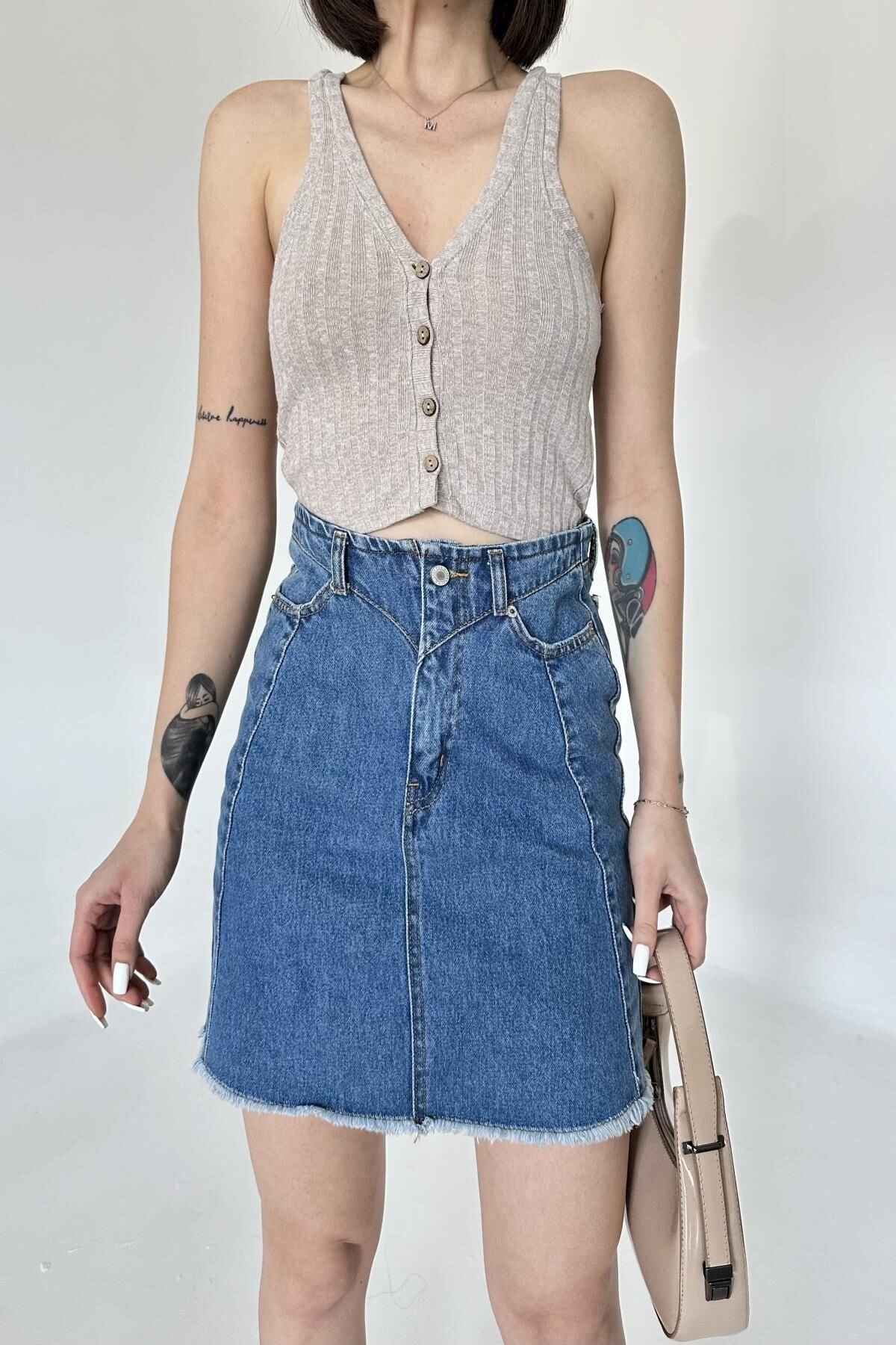 Kadın JeansVibe Cepli Düğmeli Pamuklu Mavi Kot Mini Etek