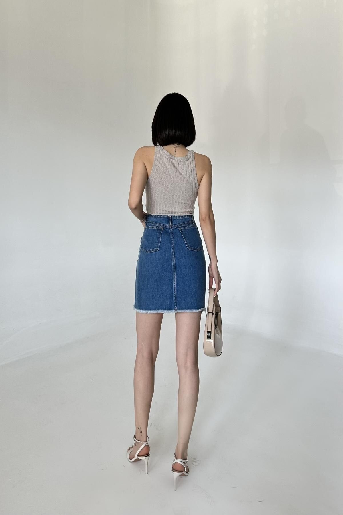 Kadın JeansVibe Cepli Düğmeli Pamuklu Mavi Kot Mini Etek