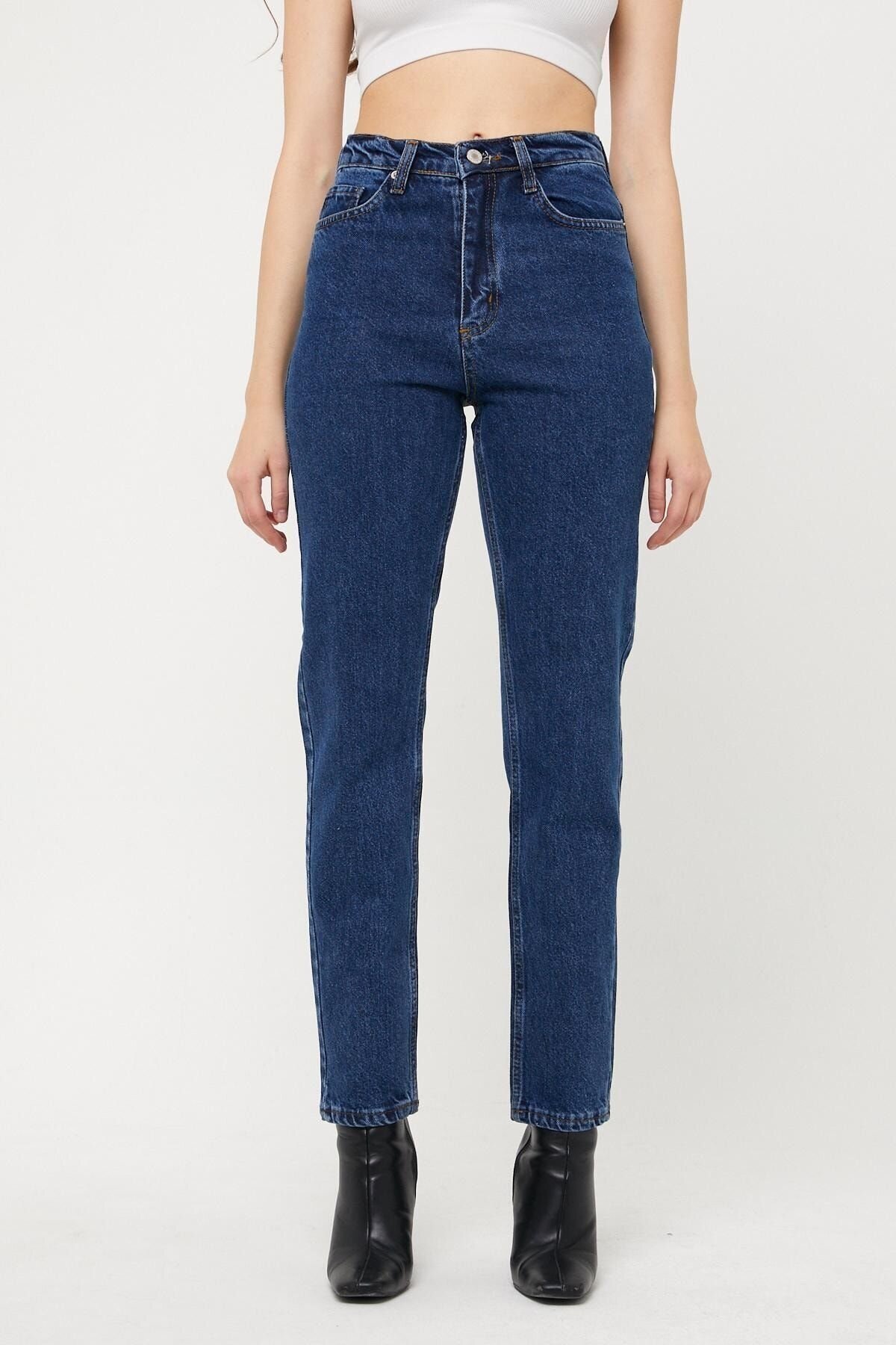 Kadın Jeansvibe Mom Fit Yüksek Bel Dar Paça Mavi Kot Pantolon