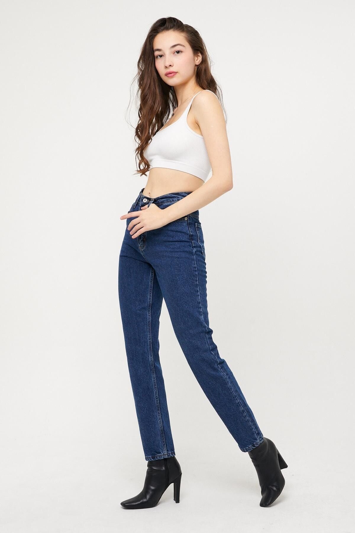 Kadın Jeansvibe Mom Fit Yüksek Bel Dar Paça Mavi Kot Pantolon