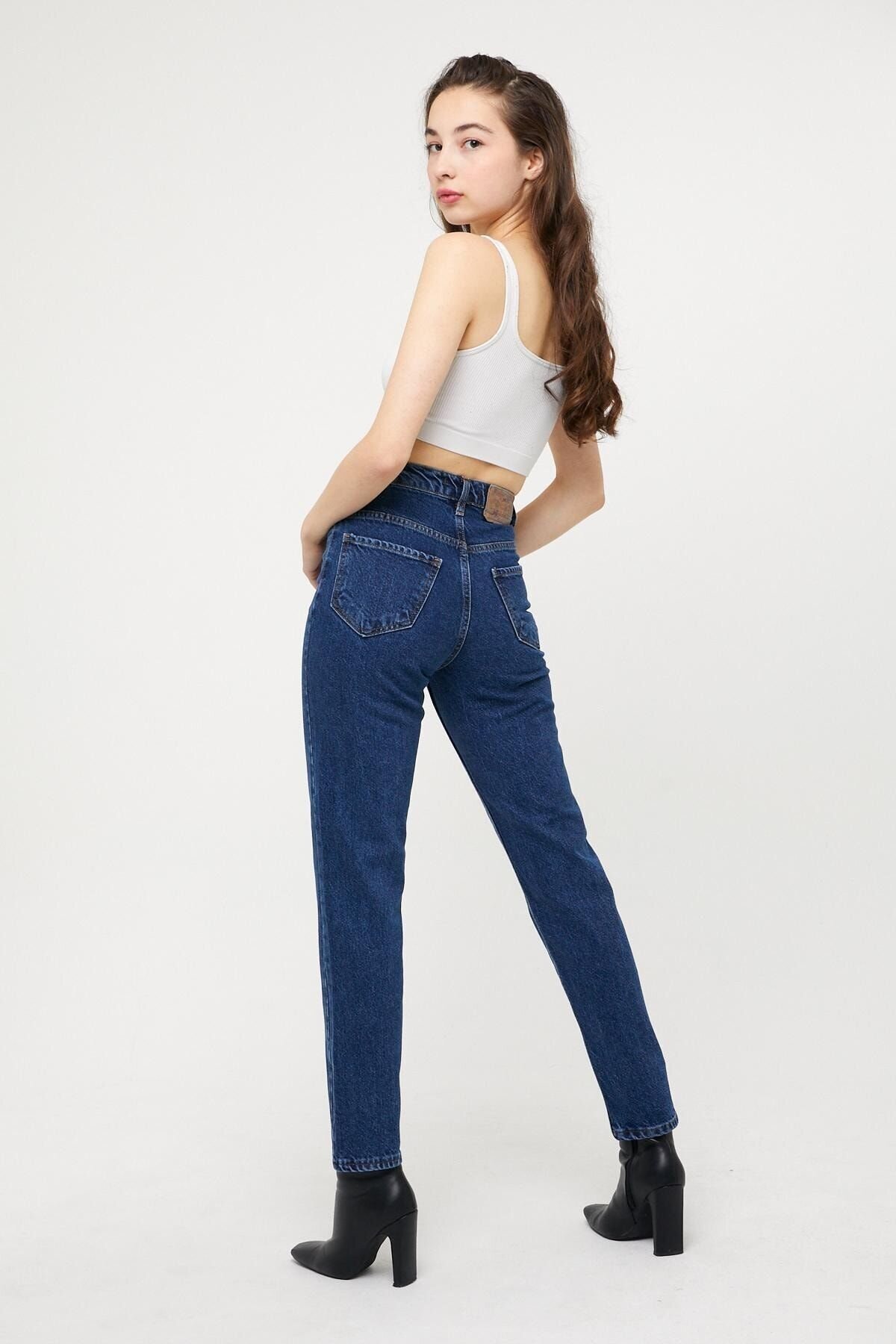 Kadın Jeansvibe Mom Fit Yüksek Bel Dar Paça Mavi Kot Pantolon