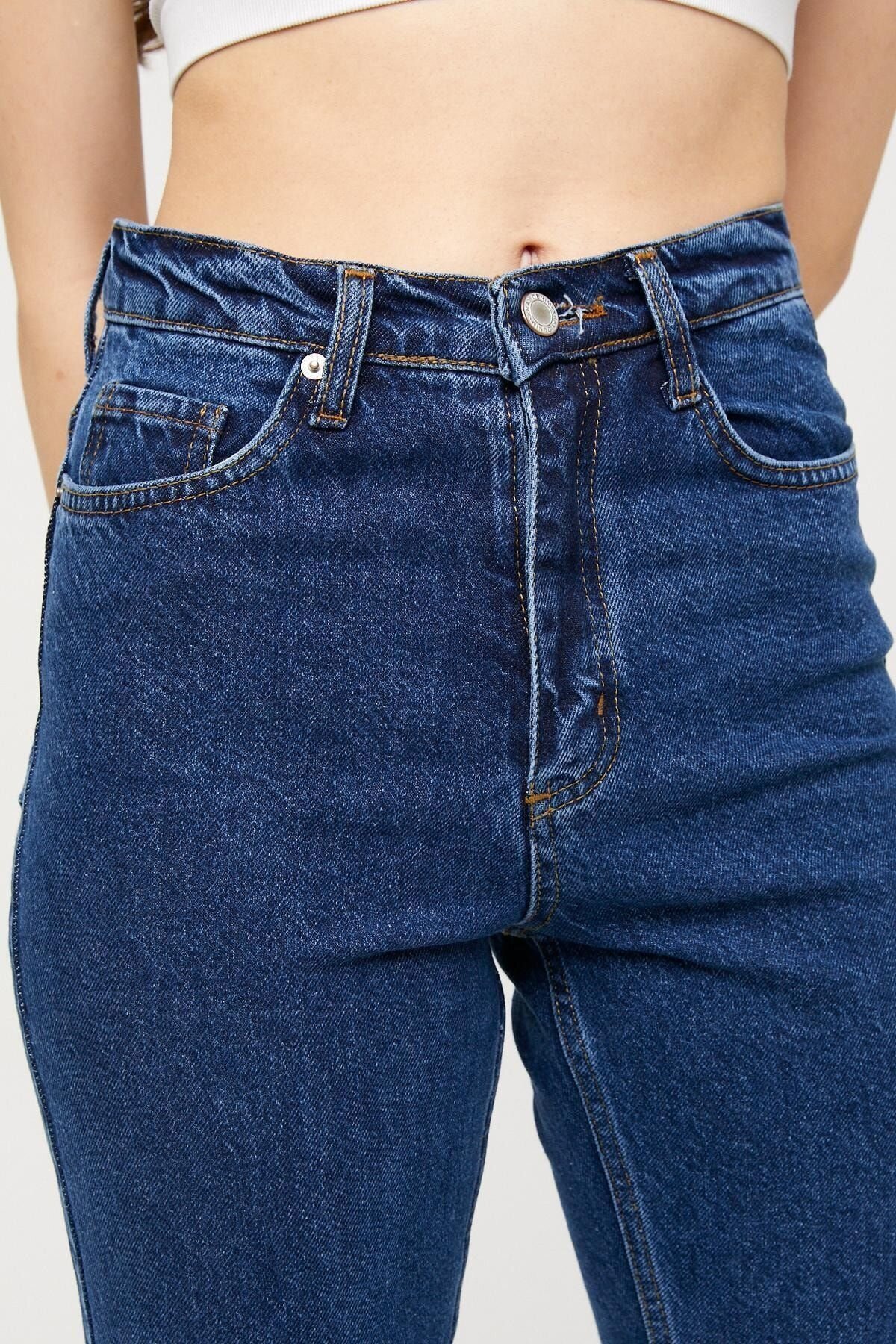 Kadın Jeansvibe Mom Fit Yüksek Bel Dar Paça Mavi Kot Pantolon