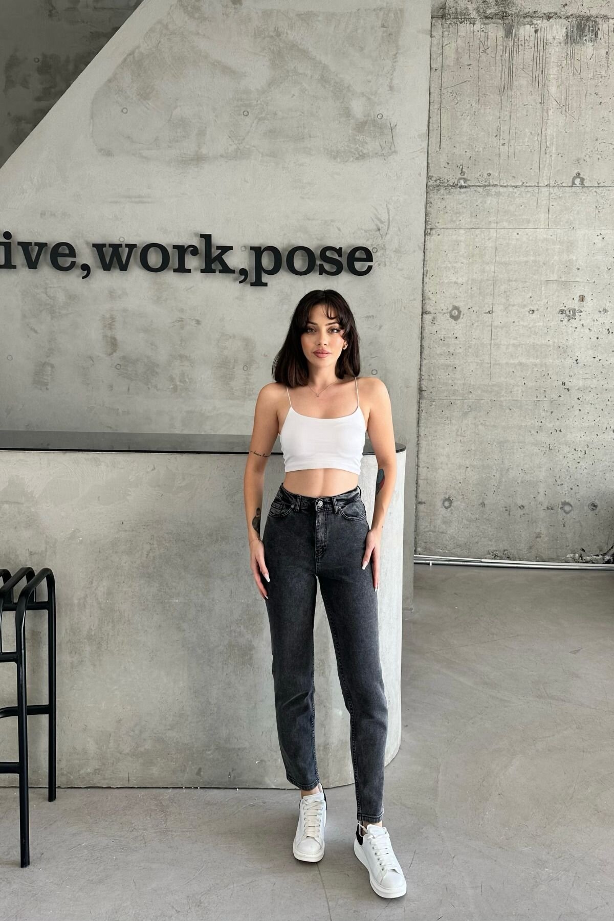 Kadın Jeanvibe Yüksek Bel Dar Paça Mom Fit Füme Kot Pantolon