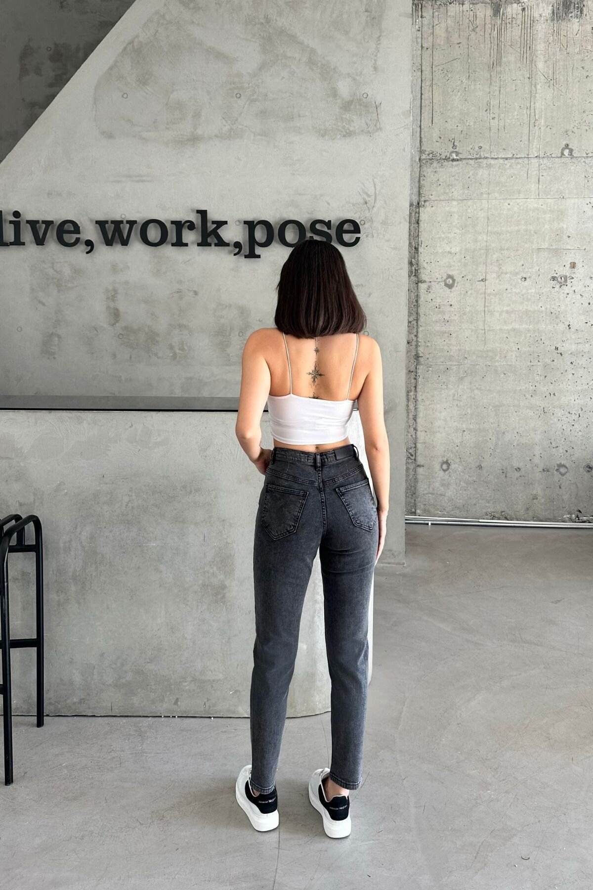 Kadın Jeanvibe Yüksek Bel Dar Paça Mom Fit Füme Kot Pantolon