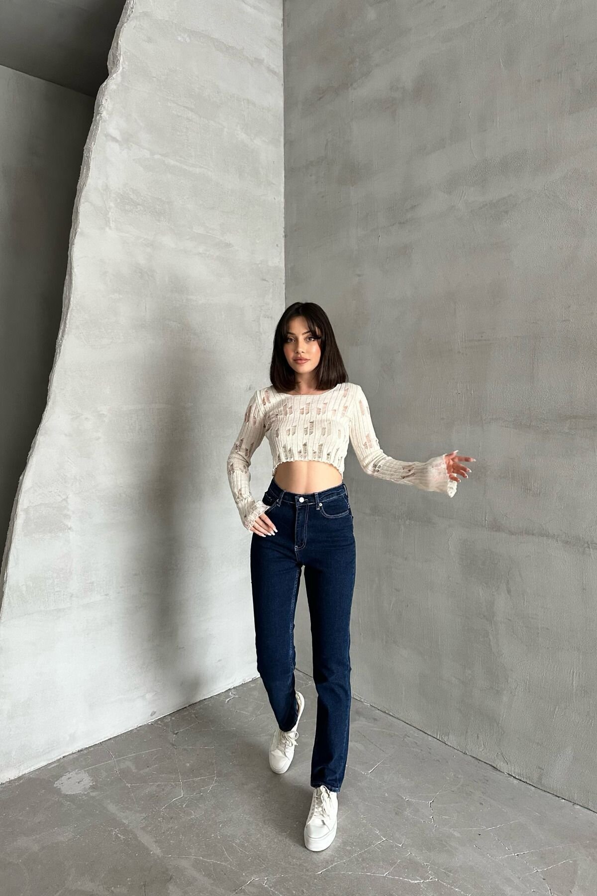 Kadın Jeanvibe Yüksek Bel Dar Paça Mom Fit Lacivert Kot Pantolon