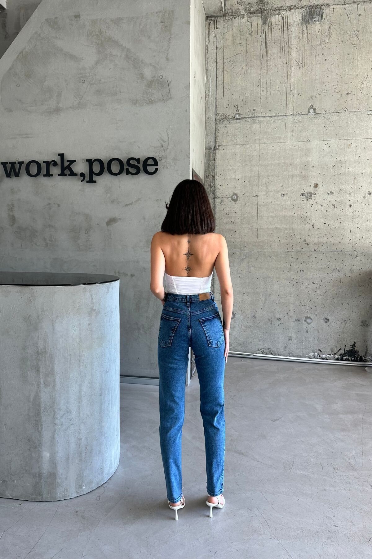 Kadın Jeanvibe Yüksek Bel Dar Paça Mom Fit Mavi Kot Pantolon