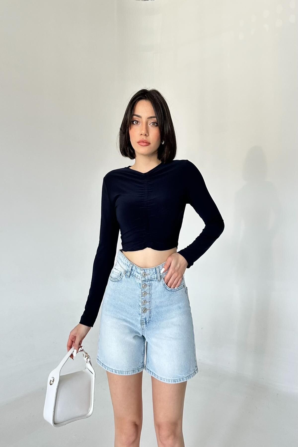 Kadın Kısa Yüksek Bel JeansMode Düğmeli Mini Buz Mavi Kot Şort