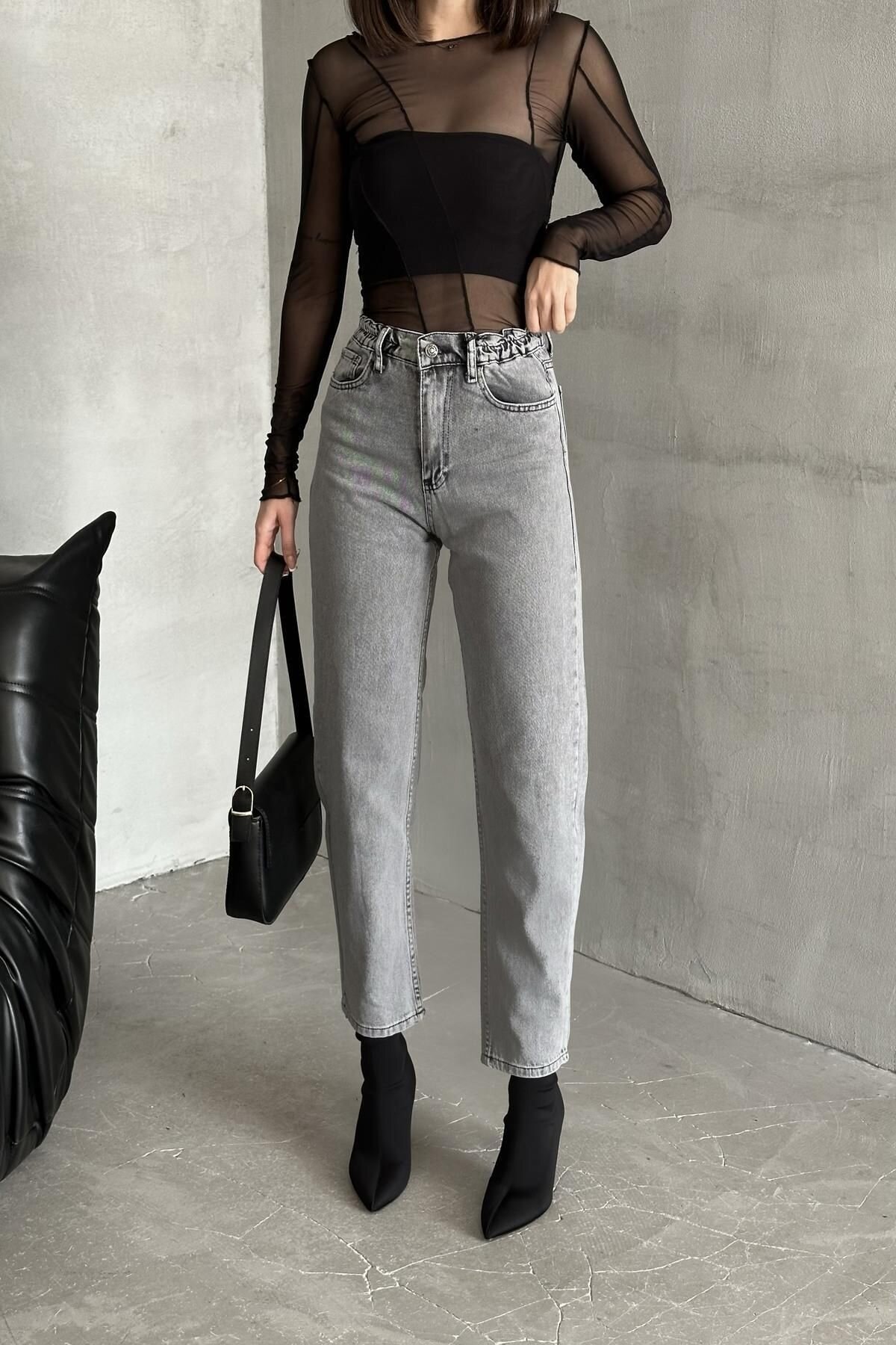 Kadın Mom Bol Paça Lastikli Bel Jogger Füme Kot Pantolon