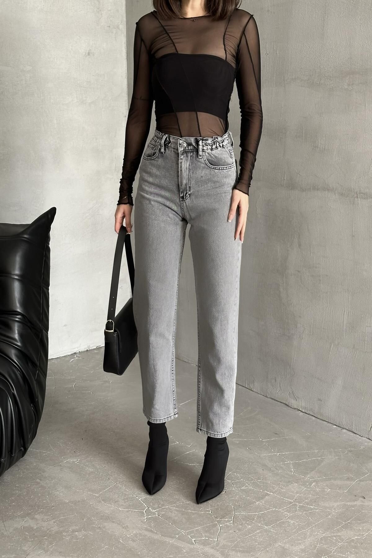 Kadın Mom Bol Paça Lastikli Bel Jogger Füme Kot Pantolon