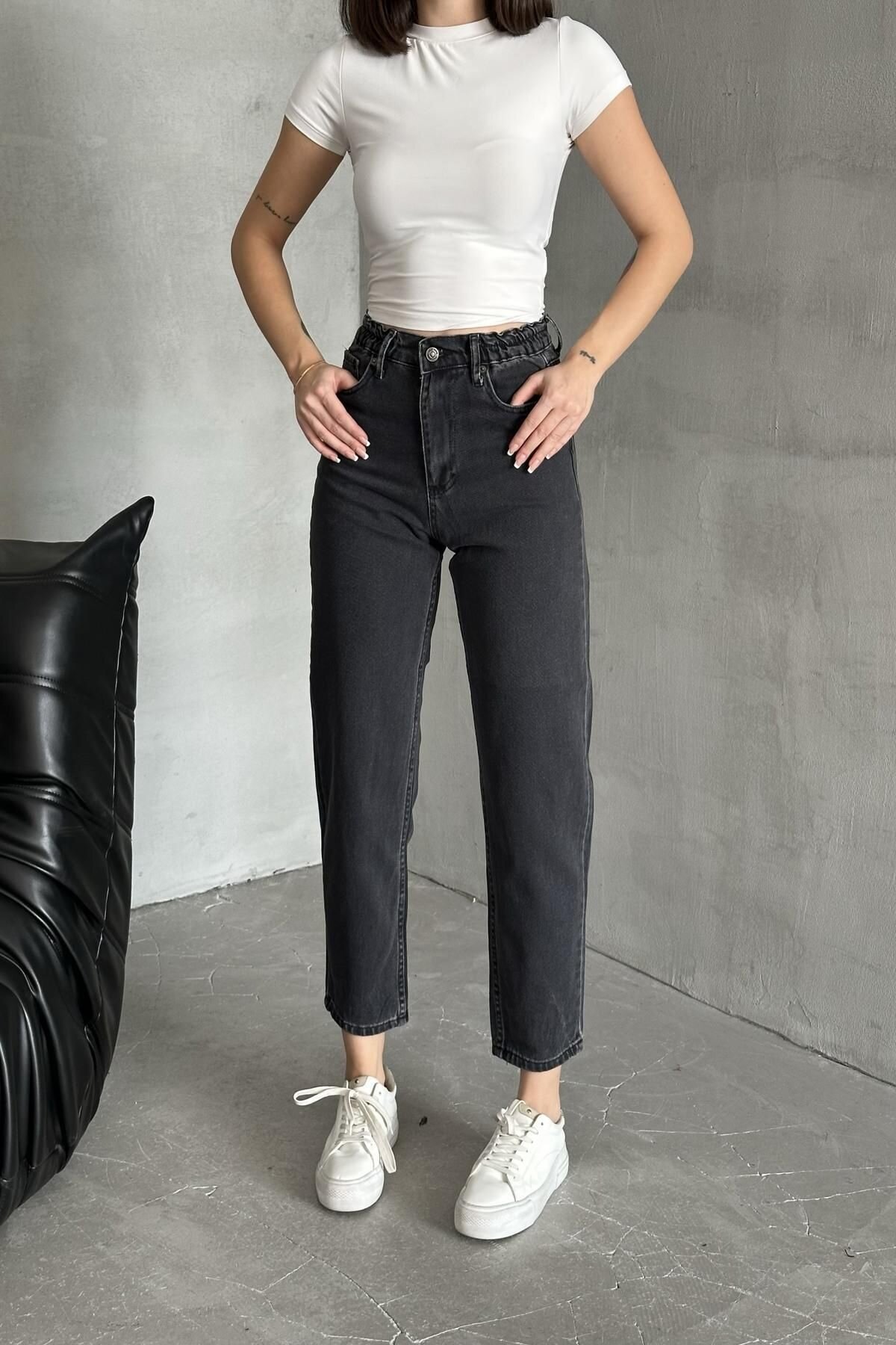 Kadın Mom Bol Paça Lastikli Bel Jogger Siyah Kot Pantolon