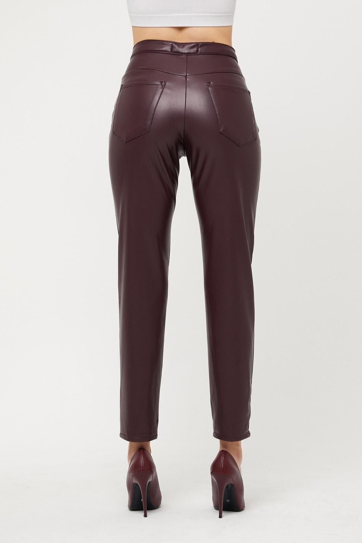 Kadın Mom Fit Deri Pantolon Bordo
