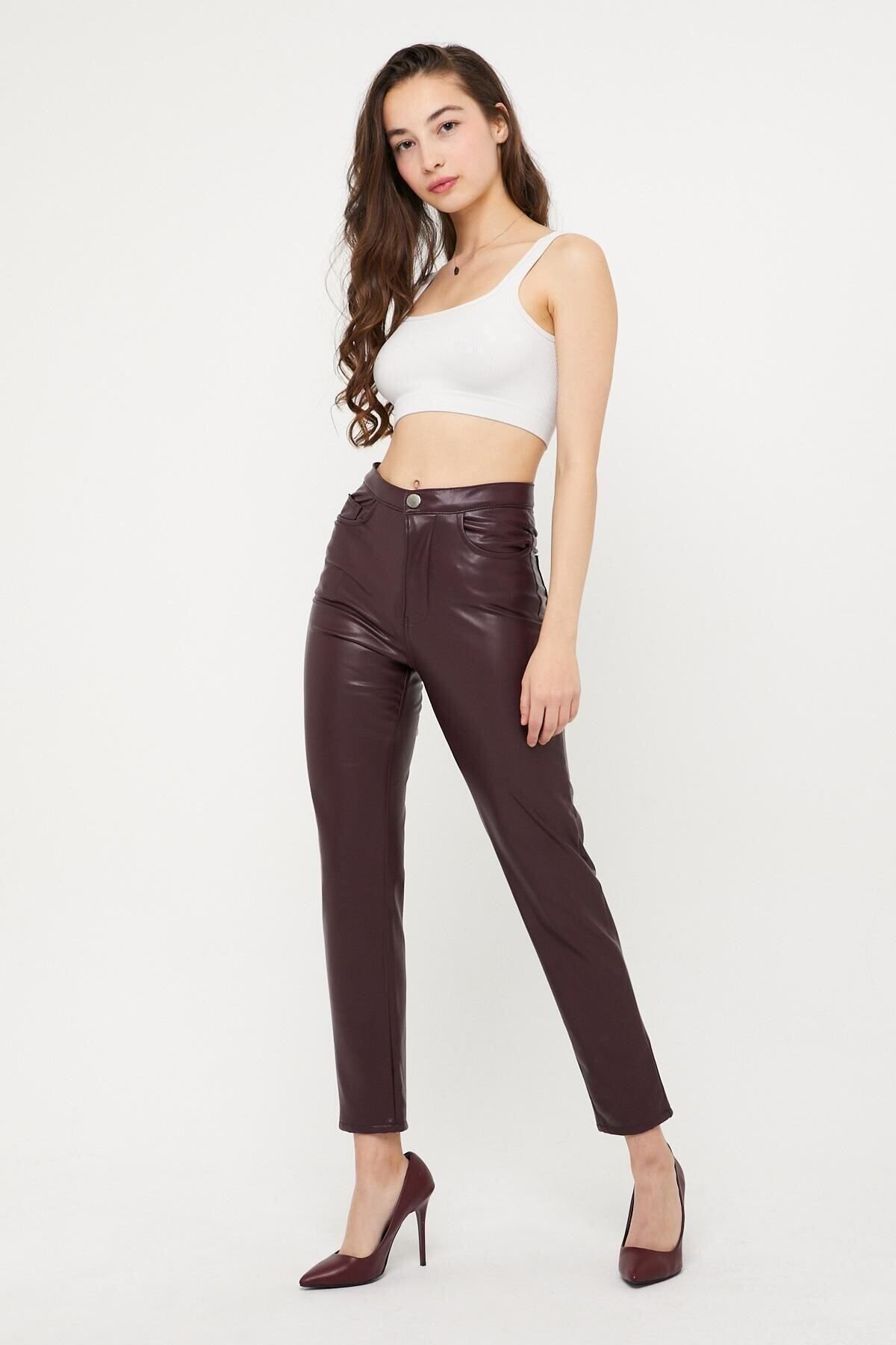 Kadın Mom Fit Deri Pantolon Bordo