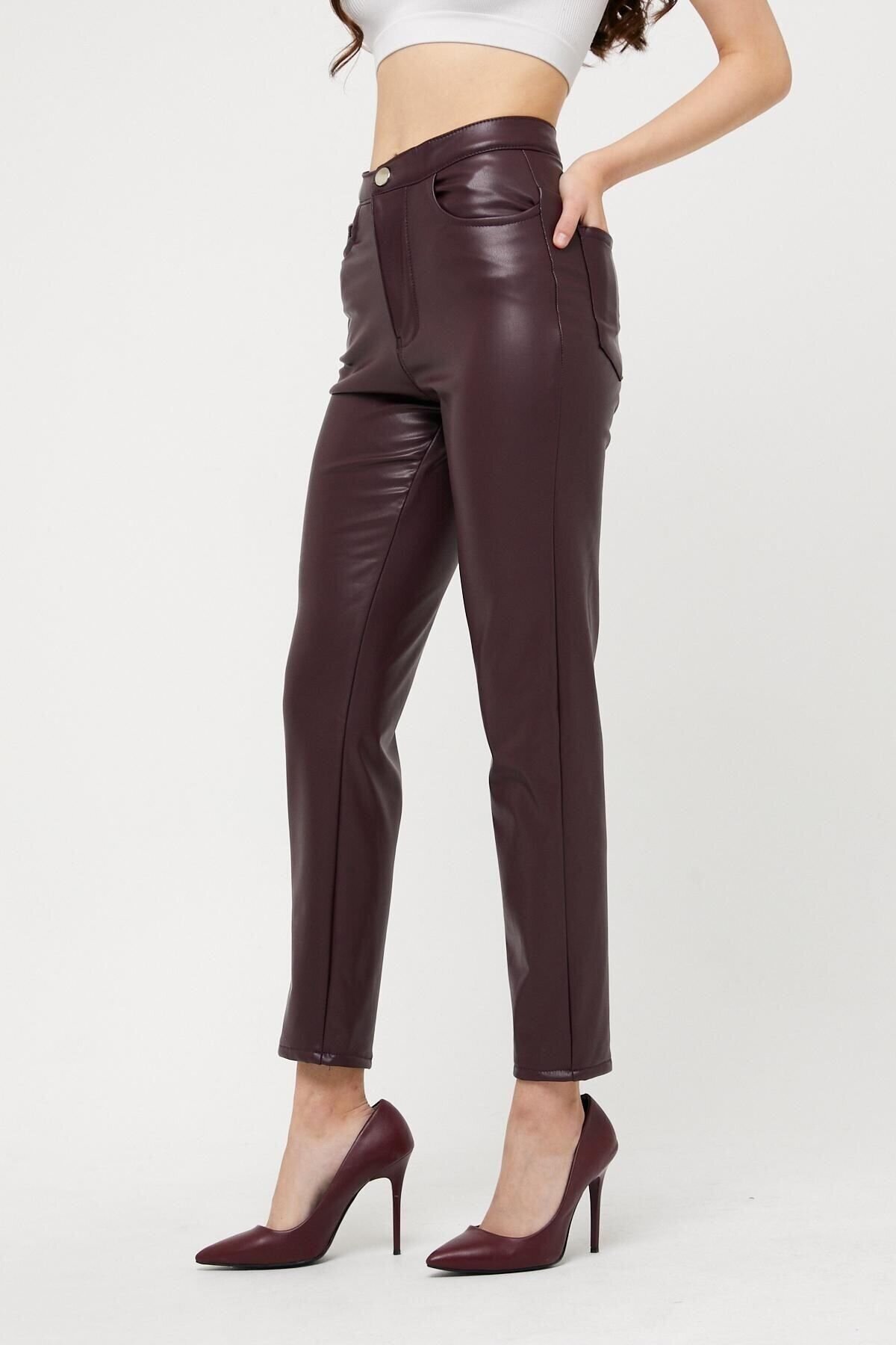 Kadın Mom Fit Deri Pantolon Bordo