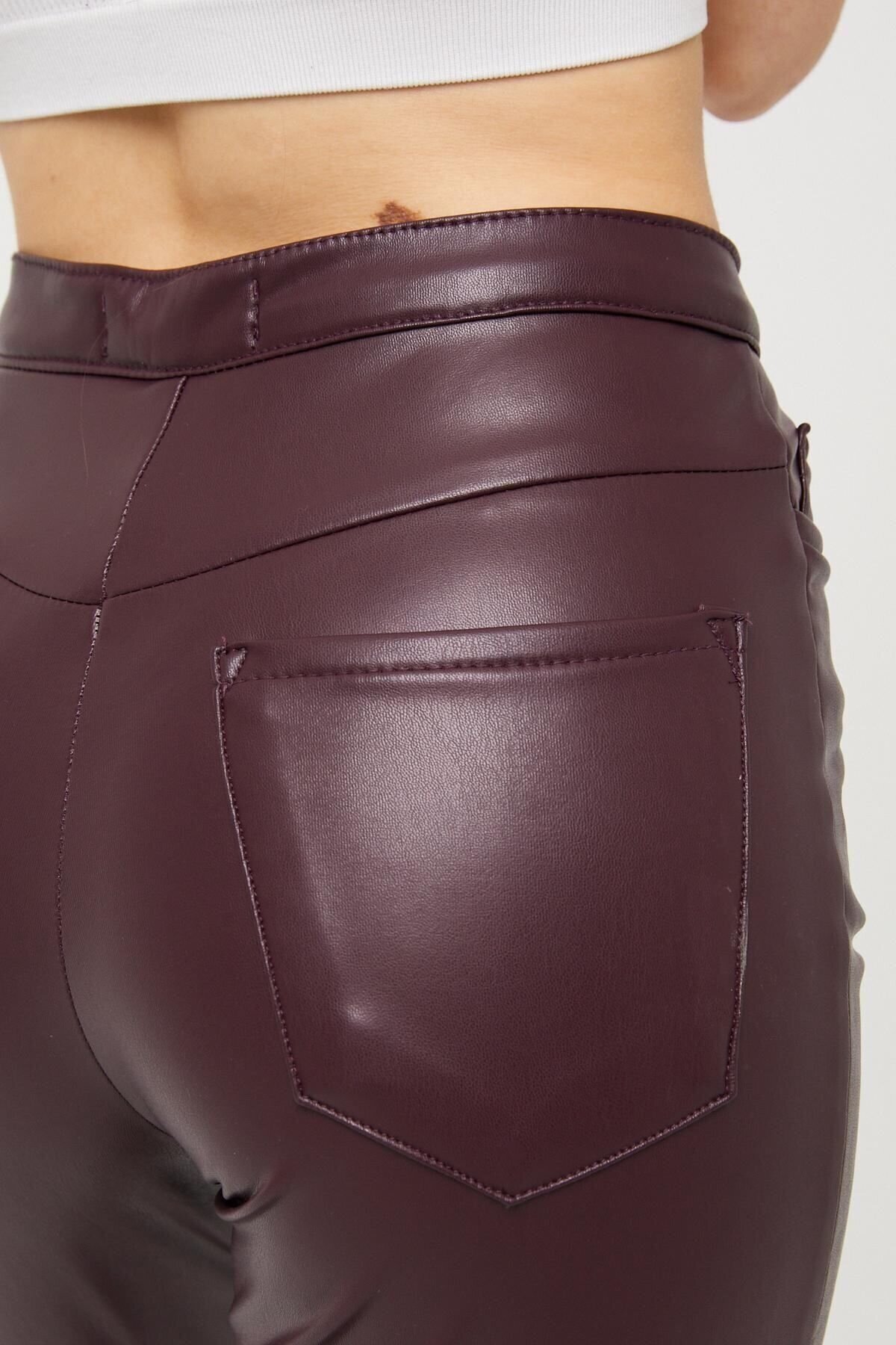 Kadın Mom Fit Deri Pantolon Bordo