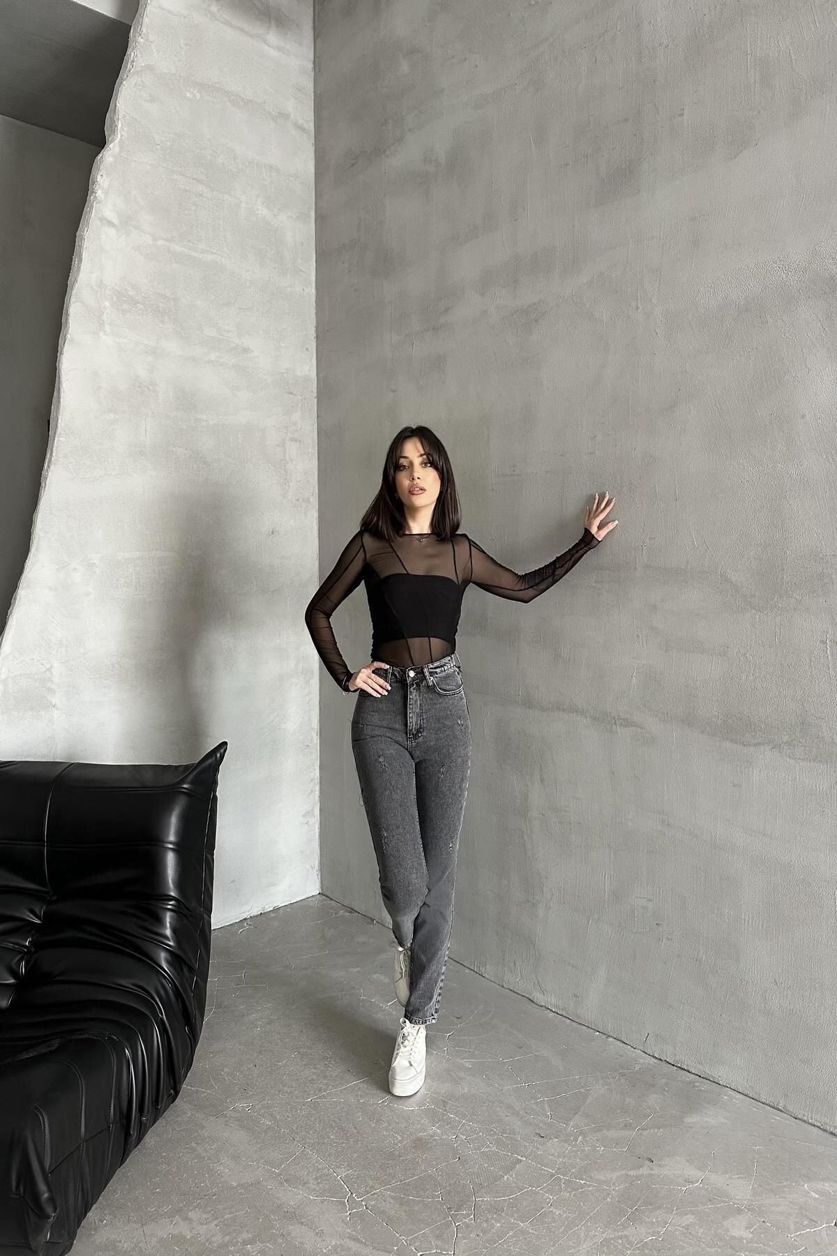 Kadın Yıpratmalı Lastikli Bel Bol Paça Mom Füme Kot Pantolon