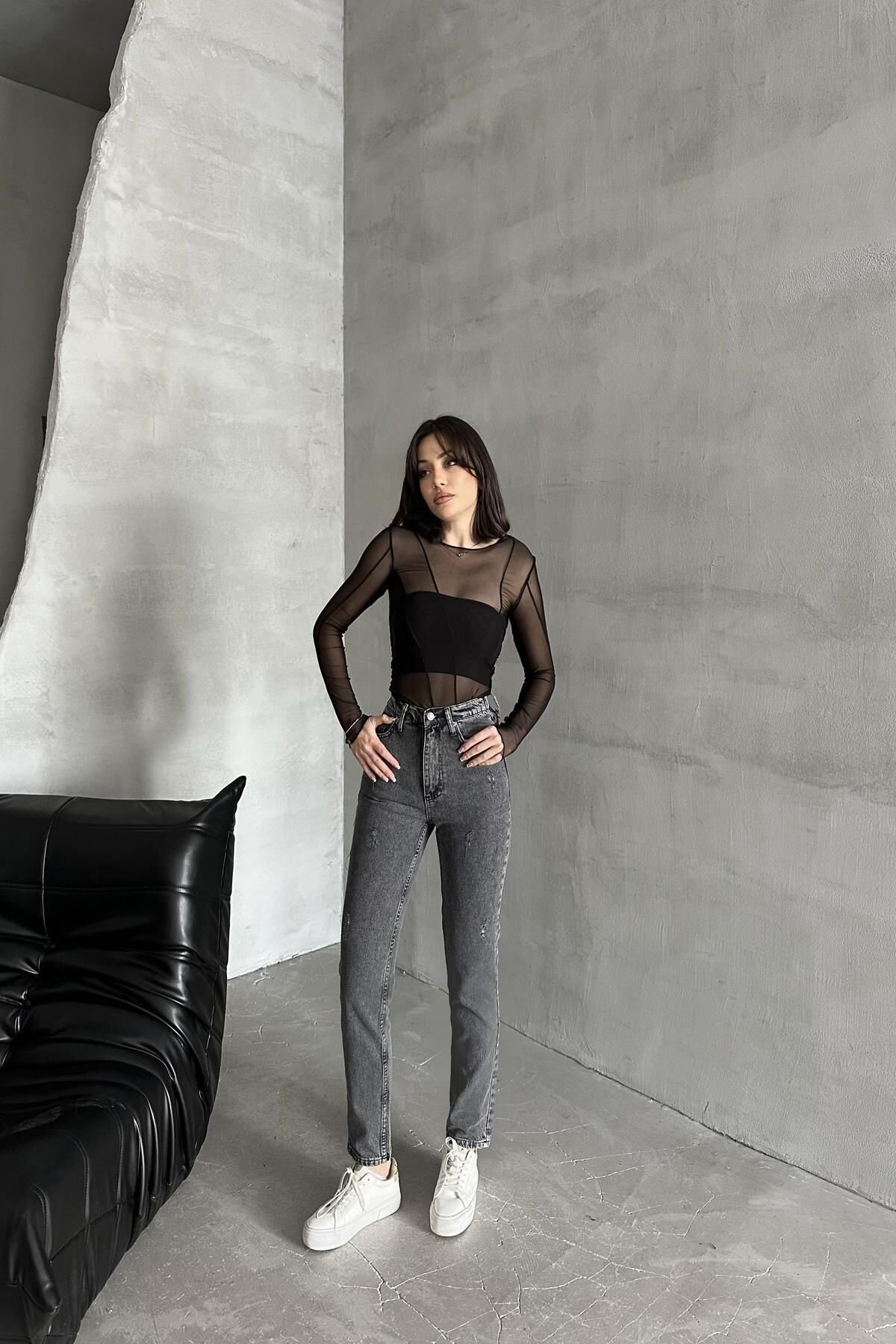 Kadın Yıpratmalı Lastikli Bel Bol Paça Mom Füme Kot Pantolon