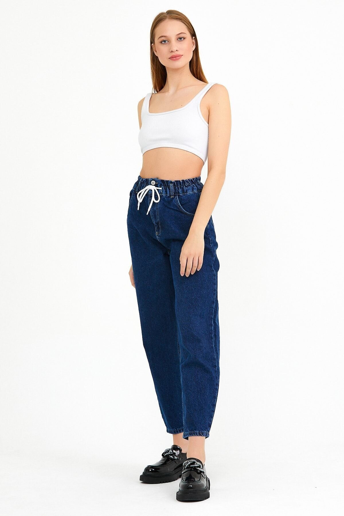 Kadın Yüksek Bel Jeanmove Beli Lastikli Bol Paça Mavi Kot Pantolon