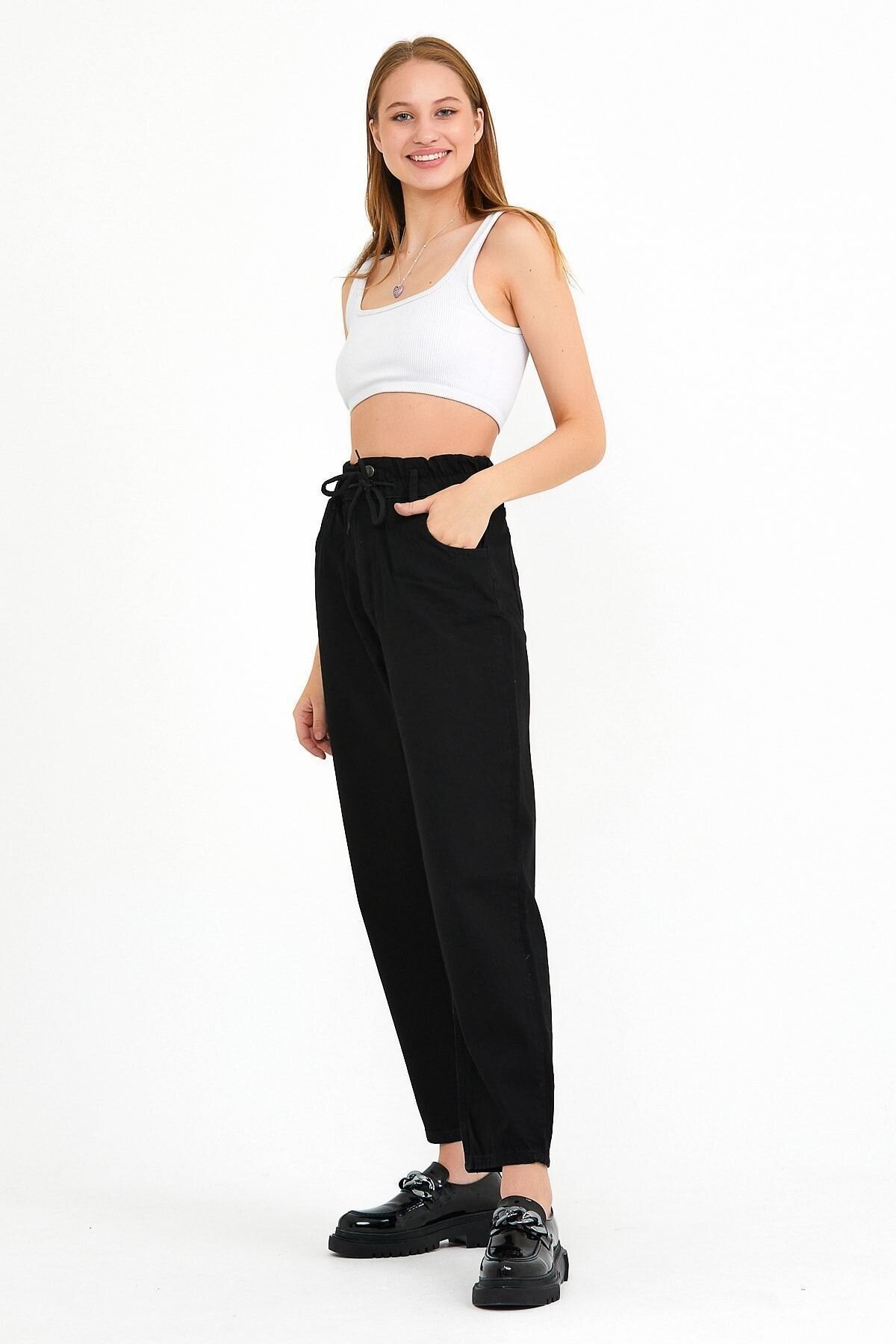 Kadın Yüksek Bel Jeanmove Beli Lastikli Bol Paça Siyah Kot Pantolon