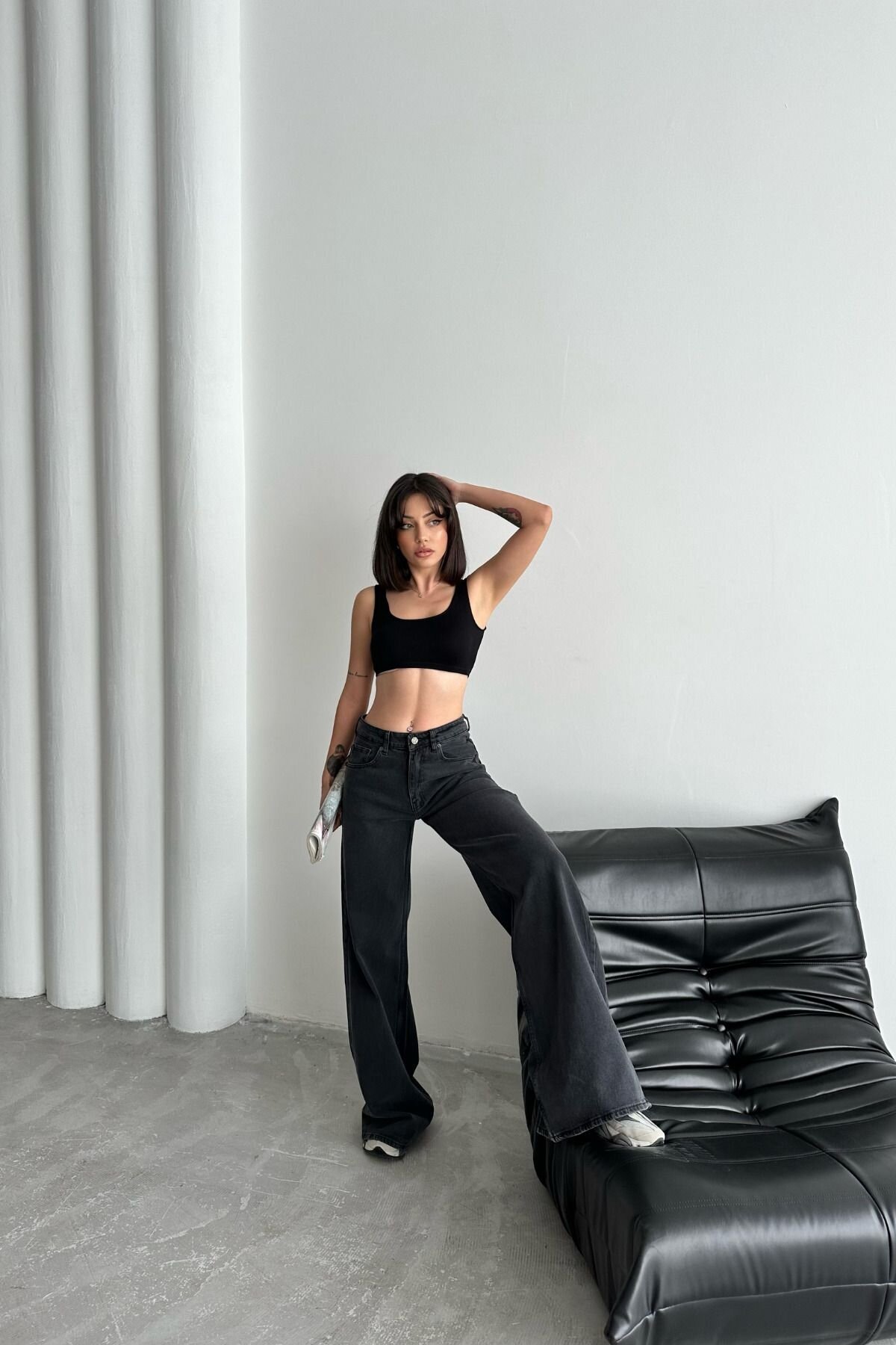 Kadın Yüksek Bel Oversize Bol Paça Baggy Antrasit Kot Pantolon