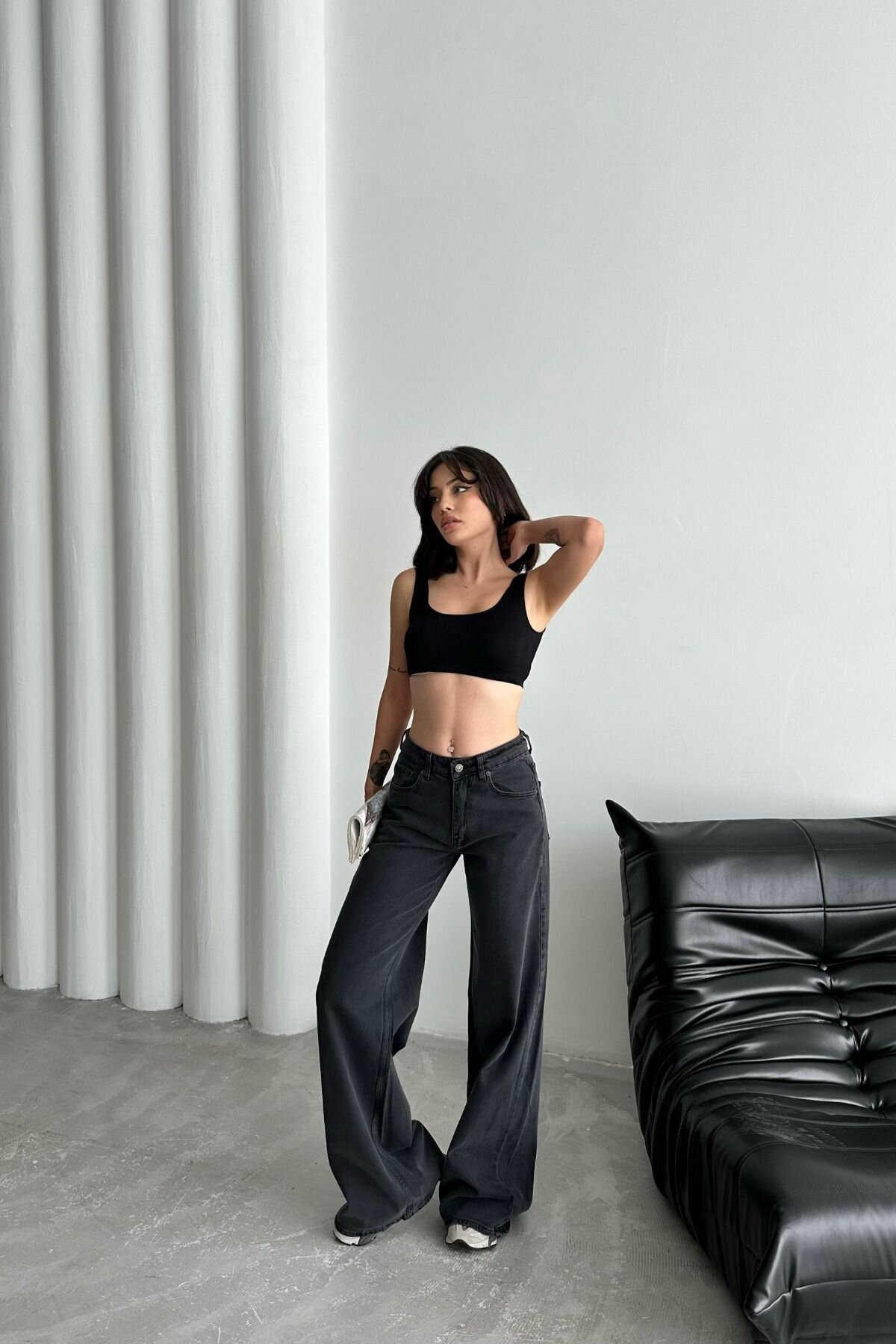 Kadın Yüksek Bel Oversize Bol Paça Baggy Antrasit Kot Pantolon