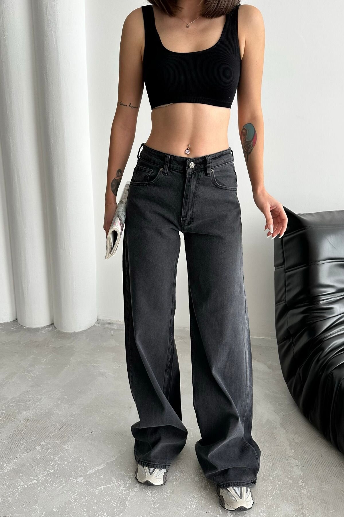 Kadın Yüksek Bel Oversize Bol Paça Baggy Antrasit Kot Pantolon
