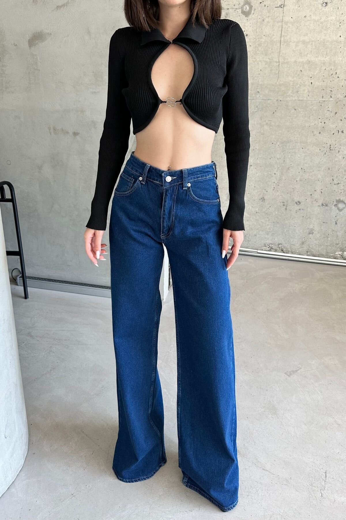 Kadın Yüksek Bel Oversize Bol Paça Baggy Mavi Kot Pantolon