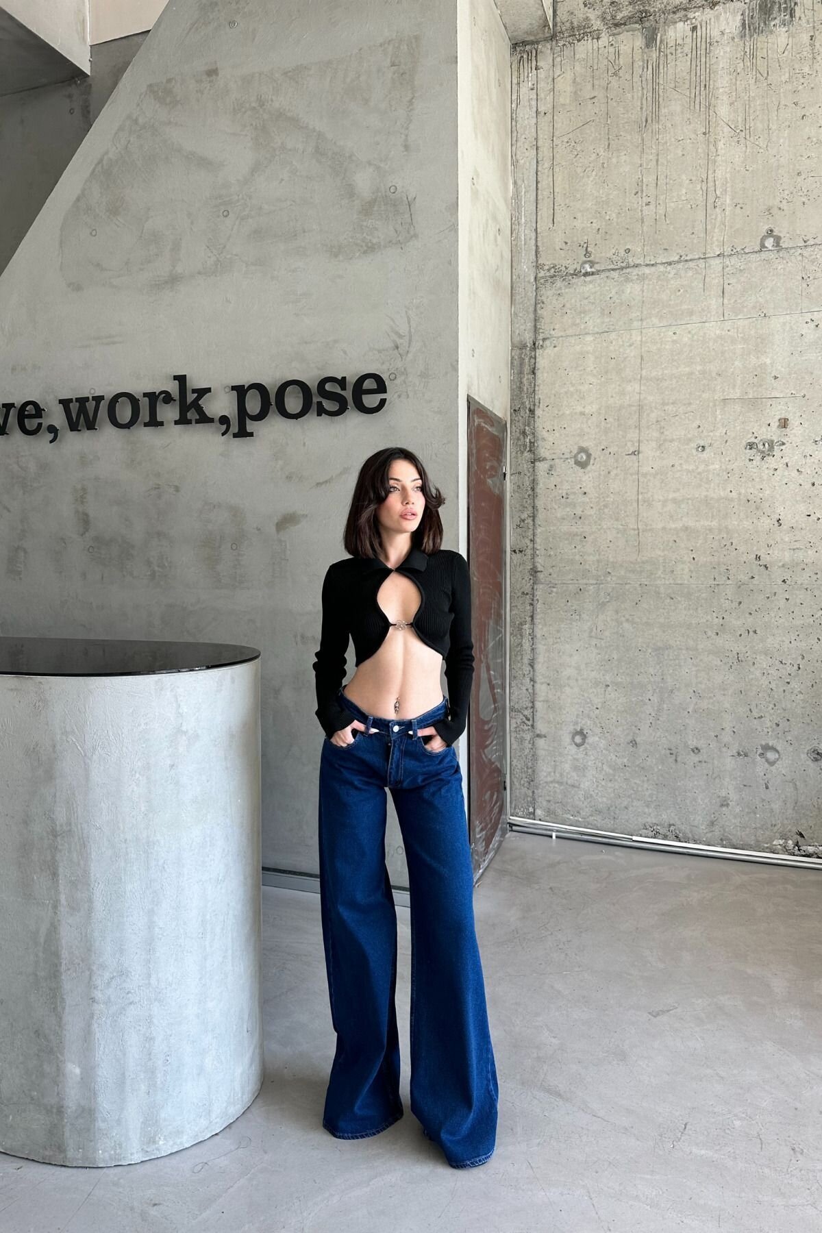 Kadın Yüksek Bel Oversize Bol Paça Baggy Mavi Kot Pantolon