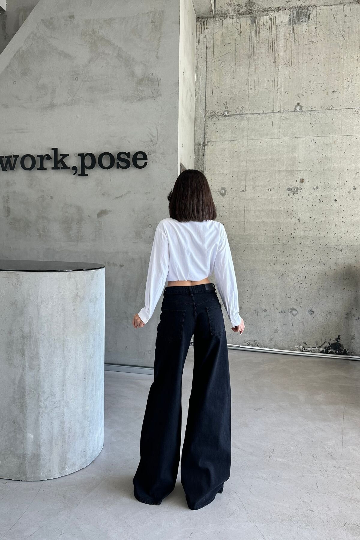 Kadın Yüksek Bel Oversize Bol Paça Baggy Siyah Kot Pantolon
