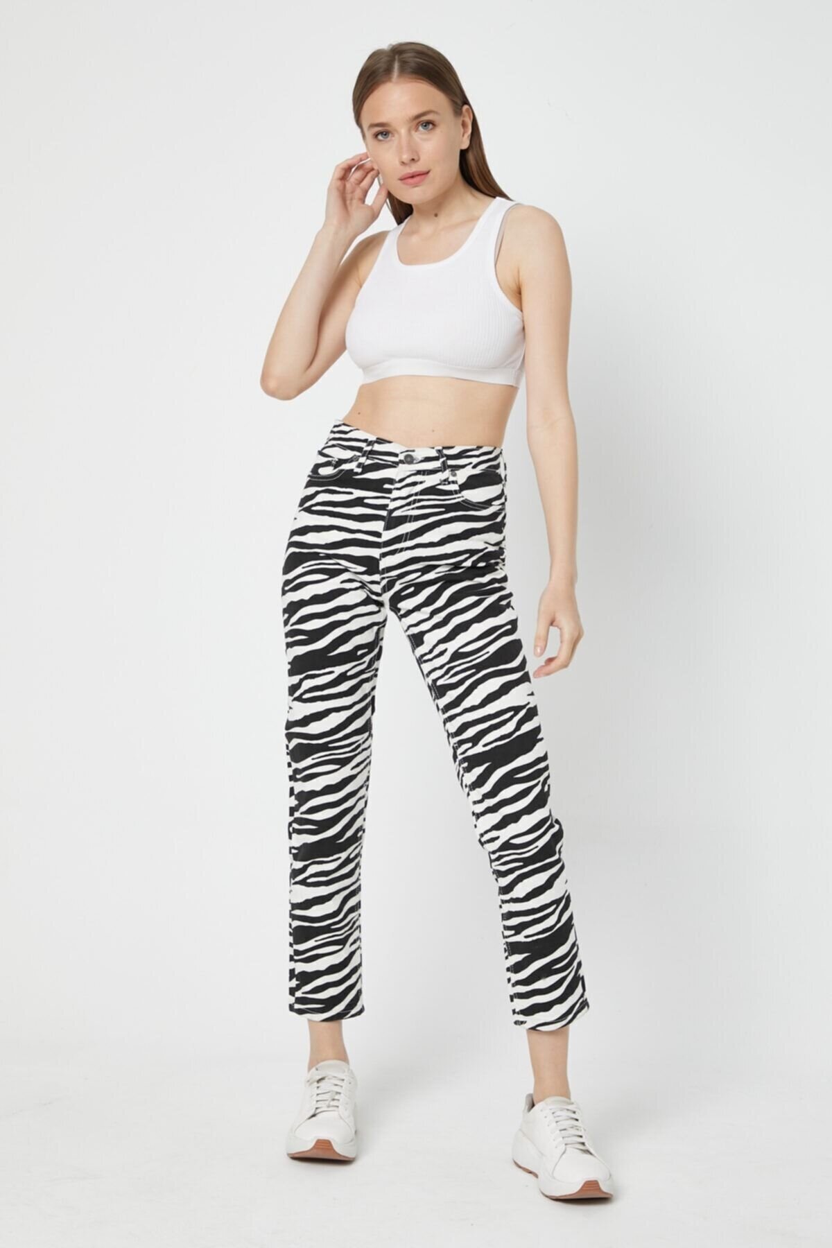 Kadın Yüksek Bel Zebra Desenli Mom Fit Pantalon