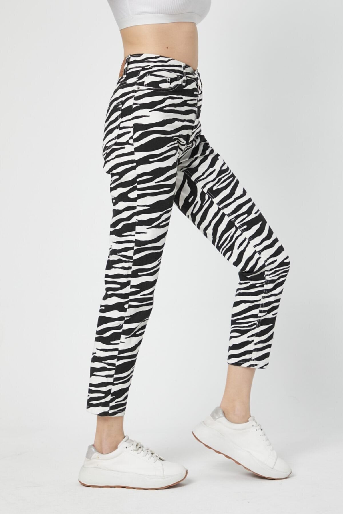 Kadın Yüksek Bel Zebra Desenli Mom Fit Pantalon