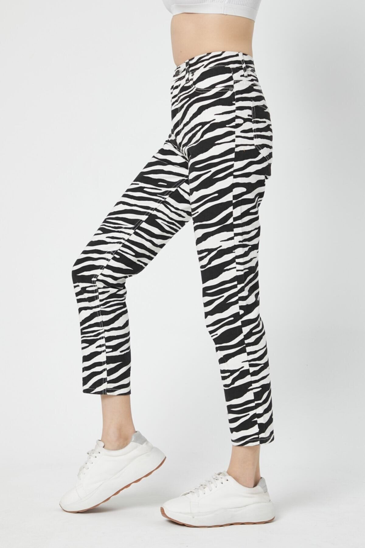 Kadın Yüksek Bel Zebra Desenli Mom Fit Pantalon