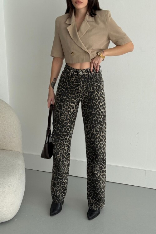 Kadın Baggy Fit Leopar Desen Palazzo Kot Pantolon