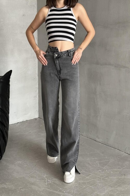 Kadın Bel Detaylı Yüksek Bel Yırtmaçlı Bol Paça Füme Kot Pantolon