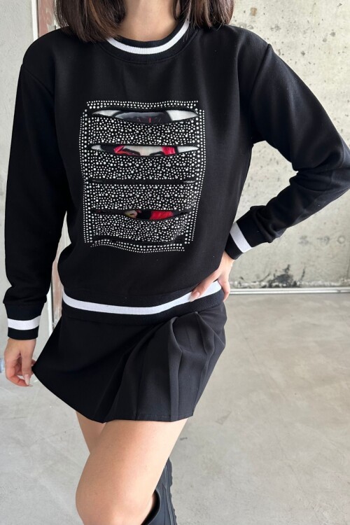 Kadın Bisiklet Yaka Minimalist Taşlı Işlemeli Relax Fit Siyah Sweatshirt