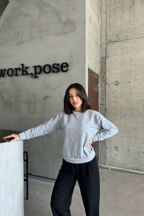 Kadın Bisiklet Yaka Minimalist Taşlı Relax Fit Gri Sweat