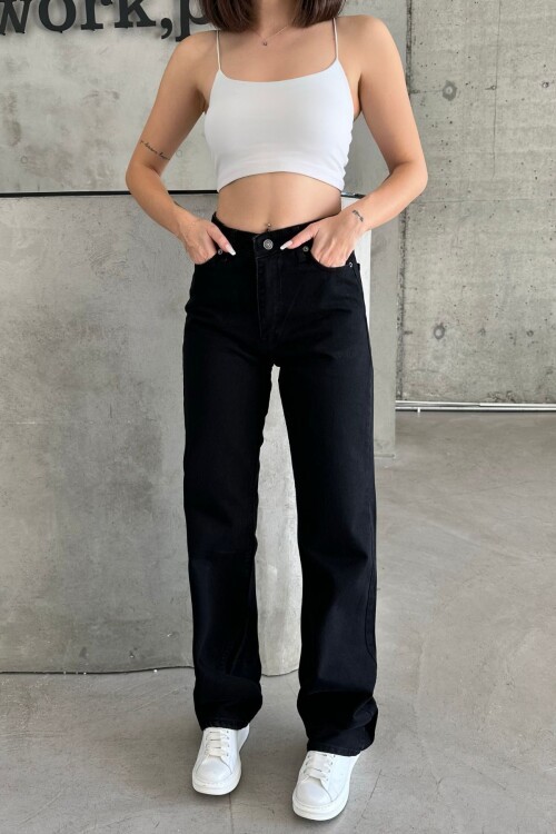 Kadın Jean BaggyFit Yüksek Bel Bol Paça Palazzo Siyah Kot Pantolon