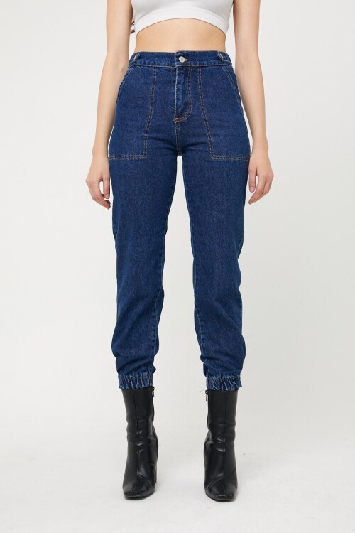 Kadın Jeandream Yüksek Bel Lastikli Mavi Kot Jogger Pantolon