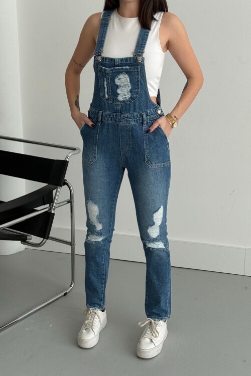 Kadın Jeans Askılı Cepli Bahçıvan Mavi Kot Tulum