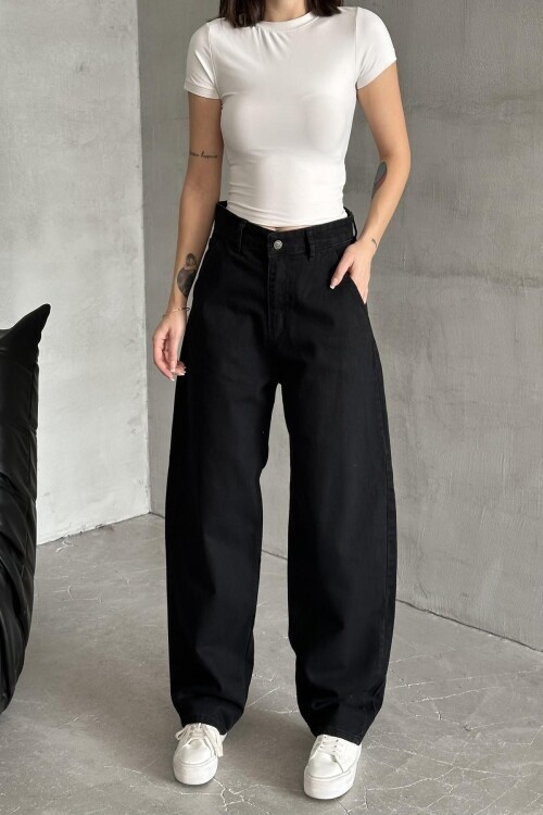 Kadın Jeans Bol Geniş Paça Baggy Fit Siyah Kot Pantolon