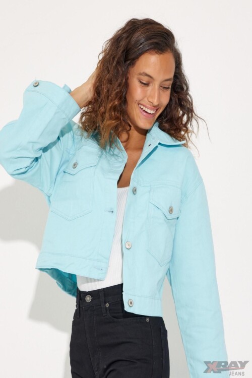 Kadın Jeans Düğmeli Kısa Polo Yaka Cepli Kot Ceket Mavi