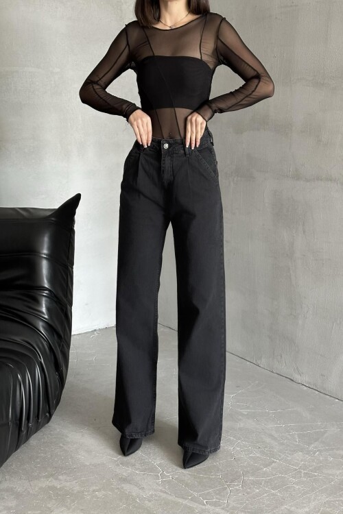 Kadın Jeans Geniş Bol Paça Baggy Fit Antrasit Kot Pantolon