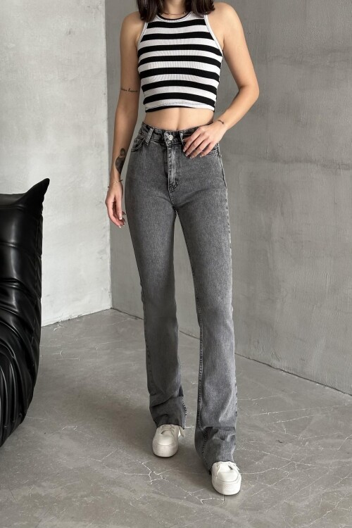 Kadın Jeans Yüksek Bel Esnek Bol İspanyol Paça Füme Kot Pantolon