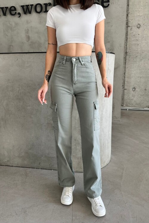 Kadın Jeans Yüksek Bel Palazzo Haki Kot Kargo Cepli Pantolon