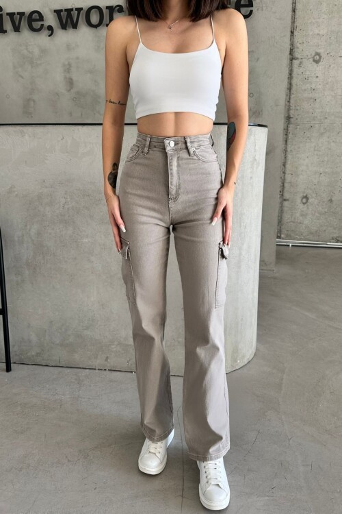 Kadın Jeans Yüksek Bel Palazzo Kahverengi Kot Kargo Cepli Pantolon