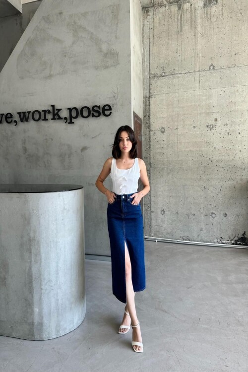 Kadın JeansCharm Pamuklu Yırtmaçlı Uzun Mavi Kot Etek