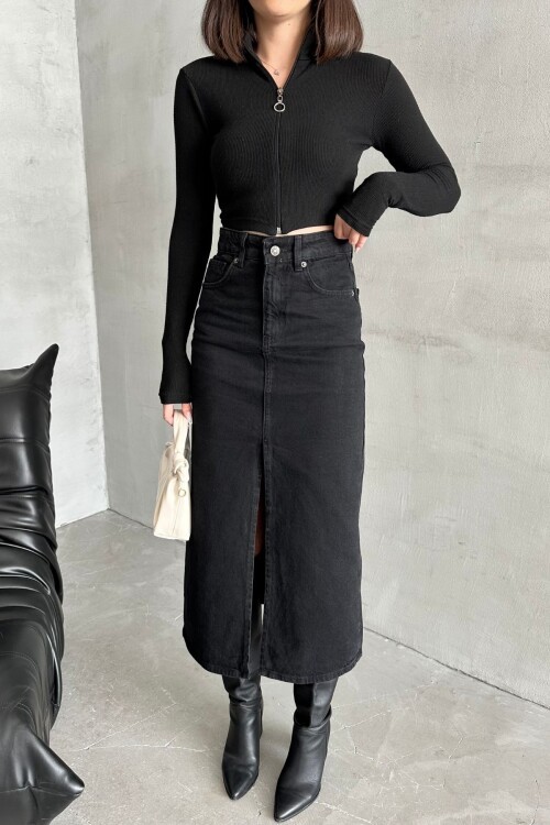 Kadın JeansCharm Pamuklu Yırtmaçlı Uzun Siyah Kot Etek