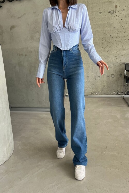 Kadın JeansMode Yüksek Bel Bol Paça Palazzo Koyu Mavi Kot Pantolon