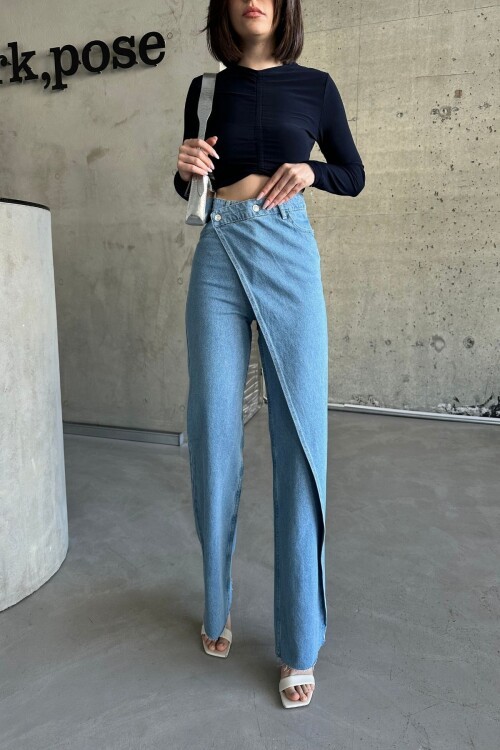 Kadın JeansMode Yüksek Bel Etekli Bol Paça Mavi Kot Pantolon