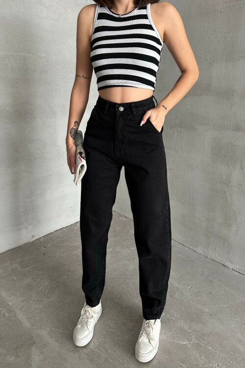 Kadın JeansUni Yüksek Bel Bol Paça Esnek Baggy Siyah Kot Pantolon